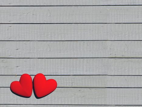 Tow red hearts in vintage white wood wall background for Happy Valentine's day