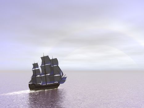 Beautiful old ship HSM Victory floating on the ocean by grey sunset - 3D render