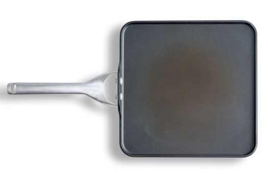 High Angle View of Well-Used Discolored Non Stick Square Pan with Handle, Still Life on White Background with Copy Space