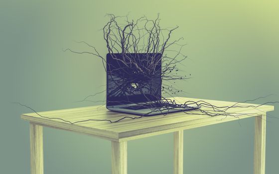 Social media icons set on the root growing out of laptop, concept