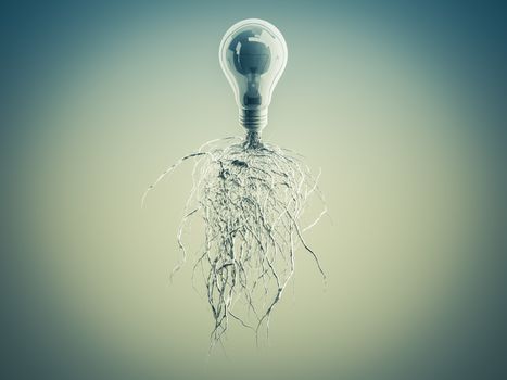 Light bulb with roots and emerged on the icon with roots, concept