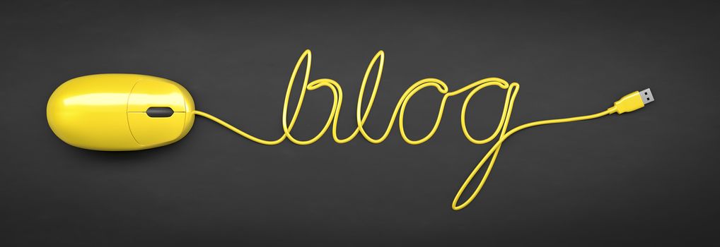 A yellow computer mouse and the word blog formed by the cable