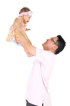Happy asian man holding a smiling kid, isolated on white

