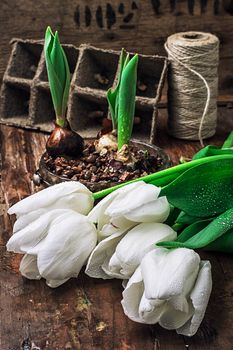 sewing accessories with a bouquet of fresh flowers.the image is tinted in vintage style