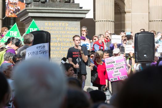 MELBOURNEAUSTRALIA - FEBRUARY 4: Refugee activists along with the Socialist Alliance and University Students, protest in Melbourne against sending children back from onshore camps to Nauru offshore centres.