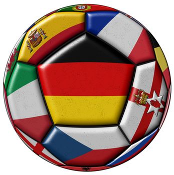 Soccer ball on a white background with flags of European countries - flag of Germany in the center