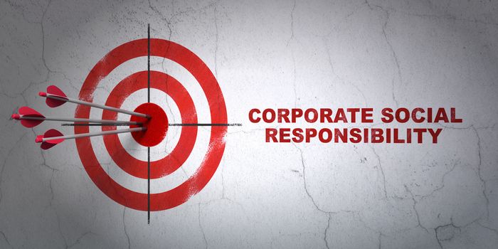 Success finance concept: arrows hitting the center of target, Red Corporate Social Responsibility on wall background