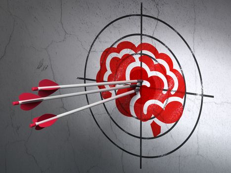 Success Health concept: arrows hitting the center of Red Brain target on wall background