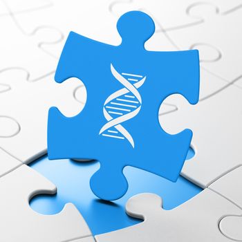 Healthcare concept: DNA on Blue puzzle pieces background, 3d render