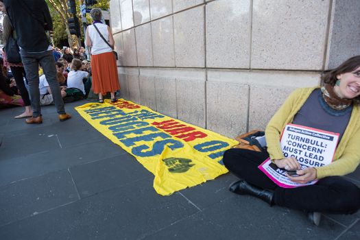 MELBOURNEAUSTRALIA - FEBRUARY 4: Refugee activists along with the Socialist Alliance and University Students, protest in Melbourne against sending children back from onshore camps to Nauru offshore centres.