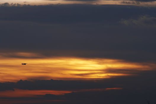 A plane flying at sunset