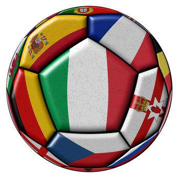 Soccer ball on a white background with flags of European countries - flag of Italy in the center