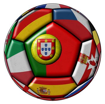 Soccer ball on a white background with flags of European countries - flag of Portugal in the center