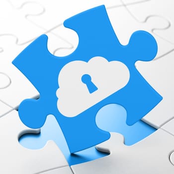 Cloud computing concept: Cloud With Keyhole on Blue puzzle pieces background, 3d render