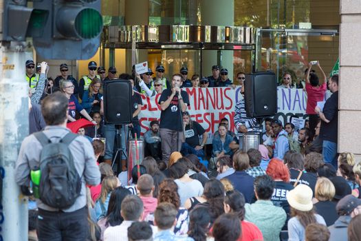 MELBOURNEAUSTRALIA - FEBRUARY 4: Refugee activists along with the Socialist Alliance and University Students, protest in Melbourne against sending children back from onshore camps to Nauru offshore centres.