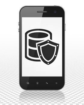 Database concept: Smartphone with black Database With Shield icon on display