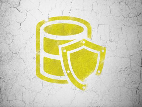 Database concept: Yellow Database With Shield on textured concrete wall background