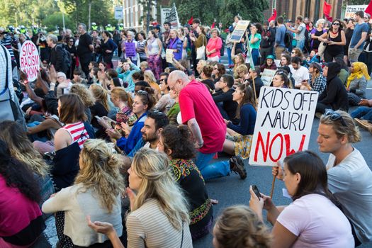 MELBOURNEAUSTRALIA - FEBRUARY 4: Refugee activists along with the Socialist Alliance and University Students, protest in Melbourne against sending children back from onshore camps to Nauru offshore centres.