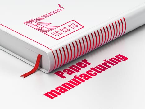 Industry concept: closed book with Red Industry Building icon and text Paper Manufacturing on floor, white background, 3d render