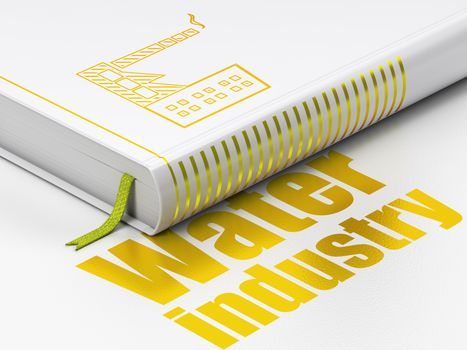 Manufacuring concept: closed book with Gold Industry Building icon and text Water Industry on floor, white background, 3d render