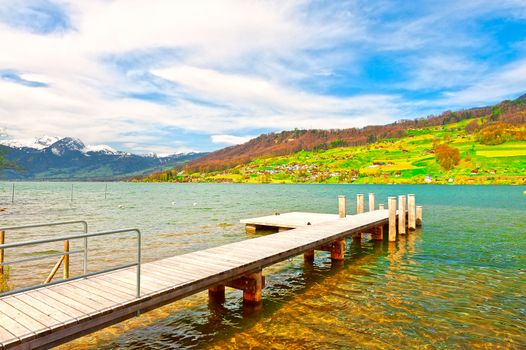 Wooden Mooring Line on the Lake Sarner in Switzerland