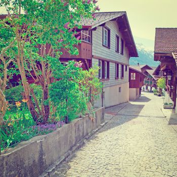 Street with Old Wooden Buildings in Swiss Village, Instagram Effect