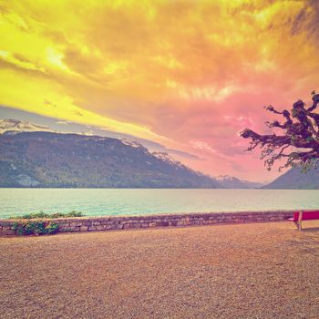 Embankment of the Lake Brienzer in Switzerland at Sunset, Instagram Effect