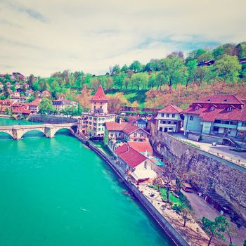 Aerial View to the Roofs of the City of Berne and River Aare in Switzerland, Instagram Effect