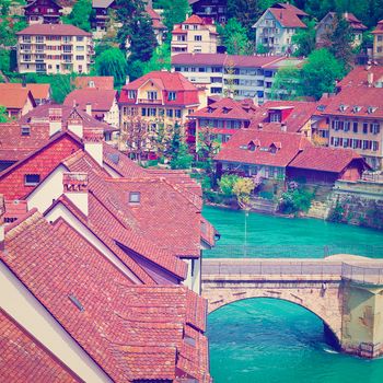 Aerial View to the Roofs of the City of Berne and River Aare in Switzerland, Instagram Effect