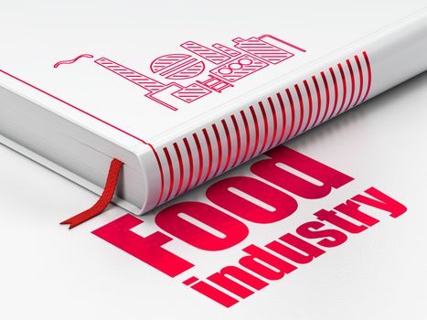 Manufacuring concept: closed book with Red Oil And Gas Indusry icon and text Food Industry on floor, white background, 3d render