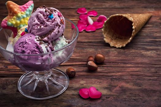 fruit ice cream in  bowl.The image is tinted in vintage style.Shallow DOF