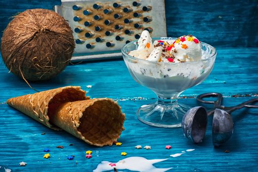 coconut ice cream in  bowl and two waffle cup.Selective focus