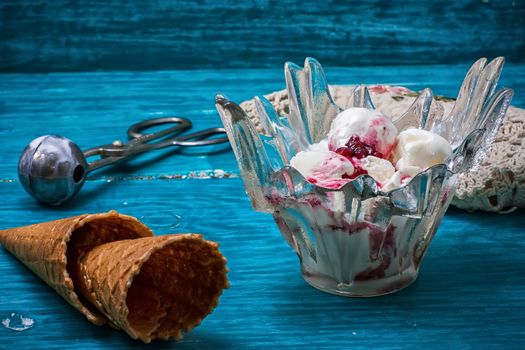 fruit ice cream in  bowl.The image is tinted in vintage style.Selective focus