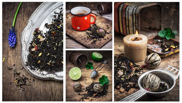 collage of tea paraphernalia and scattered leaves on a wooden table.Selective focus