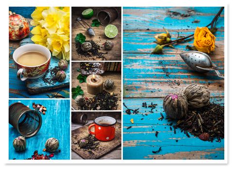 collage of tea paraphernalia and scattered leaves on wooden table