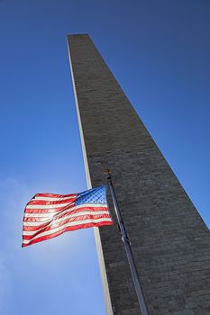 Washington Monument at Sunset and US Flag