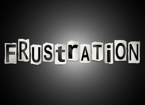 Illustration depicting a set of cut out printed letters arranged to form the word frustration.