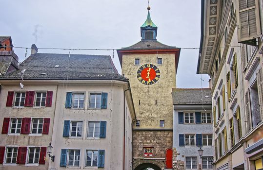 Bieltor Gate in Solothurn of Switzerland. Solothurn is the capital of the Solothurn canton, Switzerland. It is located on the banks of Aare river and on the foot of the Weissenstein Jura mountains