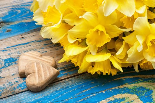 bouquet blooming daffodils in the background of two symbolic wooden hearts