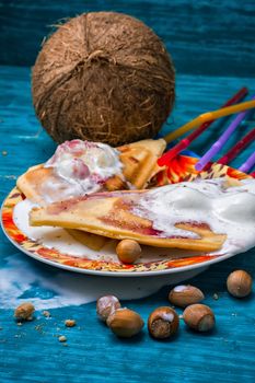 freshly baked waffle pecan coconut dessert with appendices ice cream.Selective focus