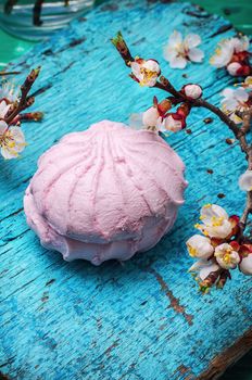 fragrant dessert marshmallows on green-blue wooden surface amid the branches of blossoming apricot