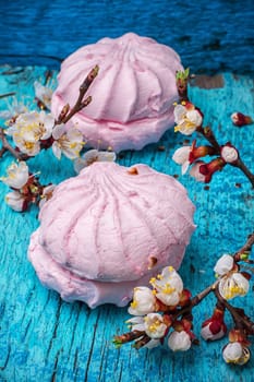 fragrant dessert marshmallows on green-blue wooden surface amid the branches of blossoming apricot