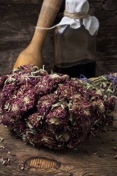 dried herbs for traditional medicine in the rural style.Selective focus