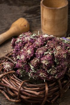 dried herbs for traditional medicine in the rural style.Selective focus