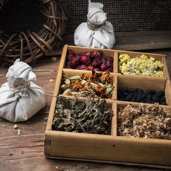 wooden box with herbs in the rural style.Selective focus