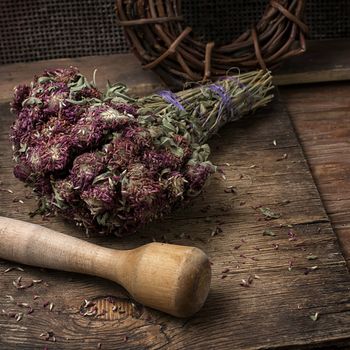 dried herbs for traditional medicine in the rural style.Selective focus