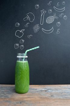 Fruit and vegetable smoothie with sketched ingredients appearing to fall into a beverage bottle with a straw
