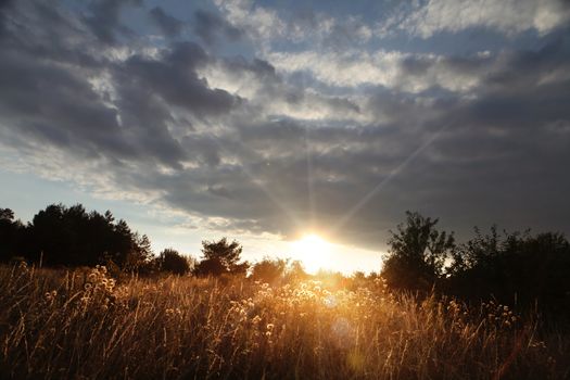 sunset with clouds over field at autumn