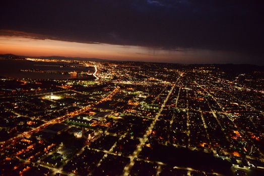 aerial view oakland city at night