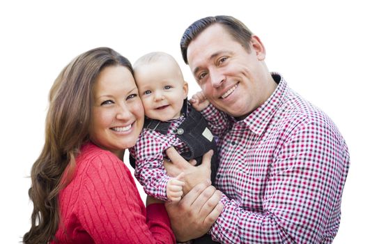Cute Little Baby Boy Having Fun With Mother and Father Isolated on a White Background.